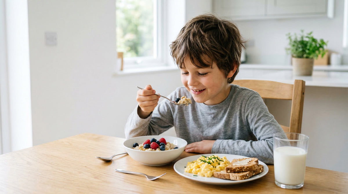 a kid having a breakfast: eggs and oatmeal, fruit.