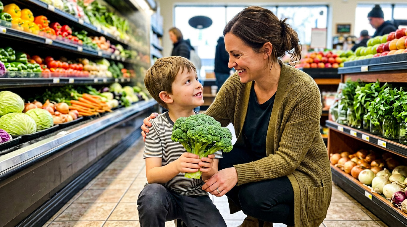 how to teach kids about nutrition - mother and child reading food labels in grocery store