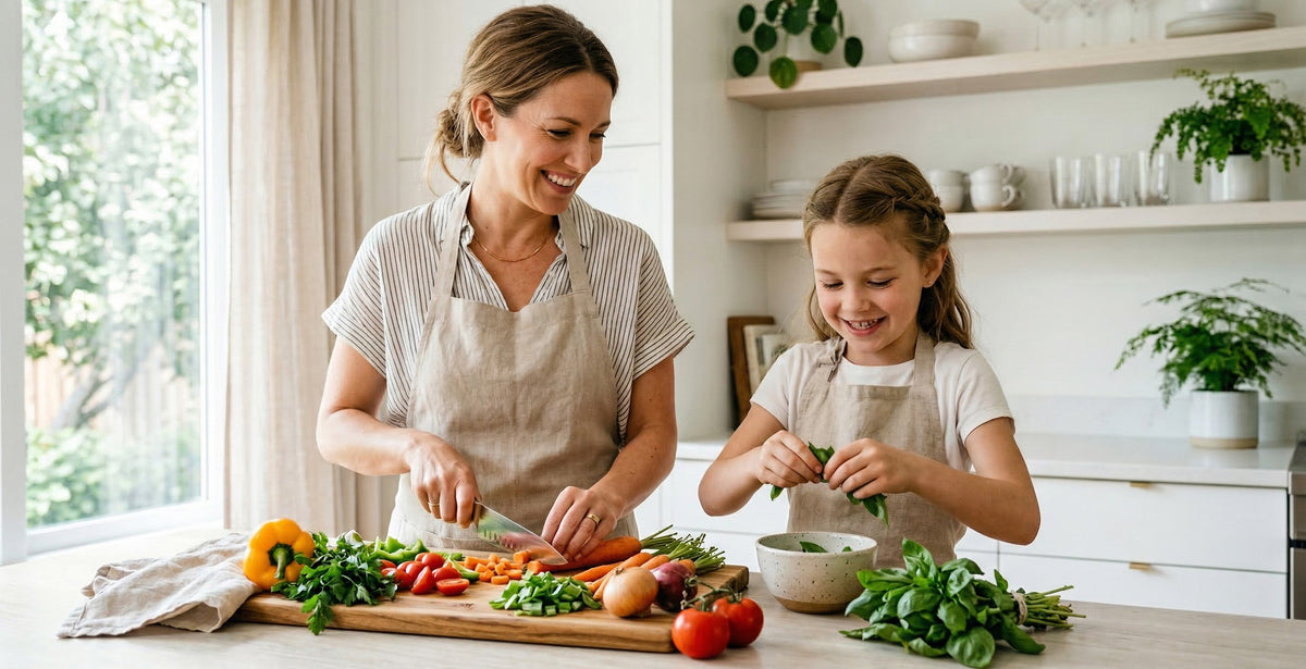 mother and child cooking healthy food 