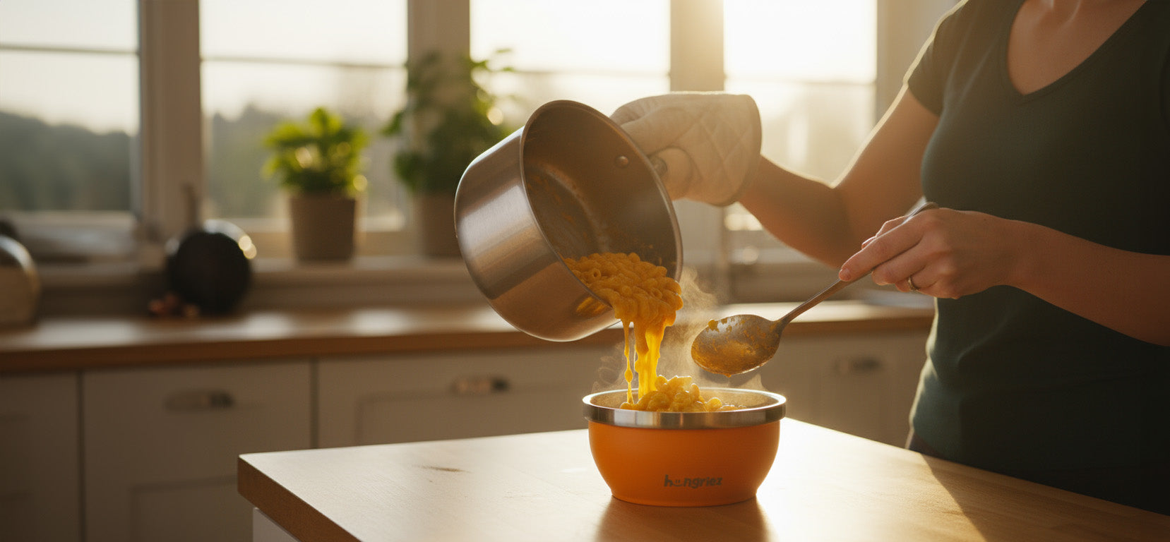 a mom making mac and cheese and pouring it in the hungriez bowl