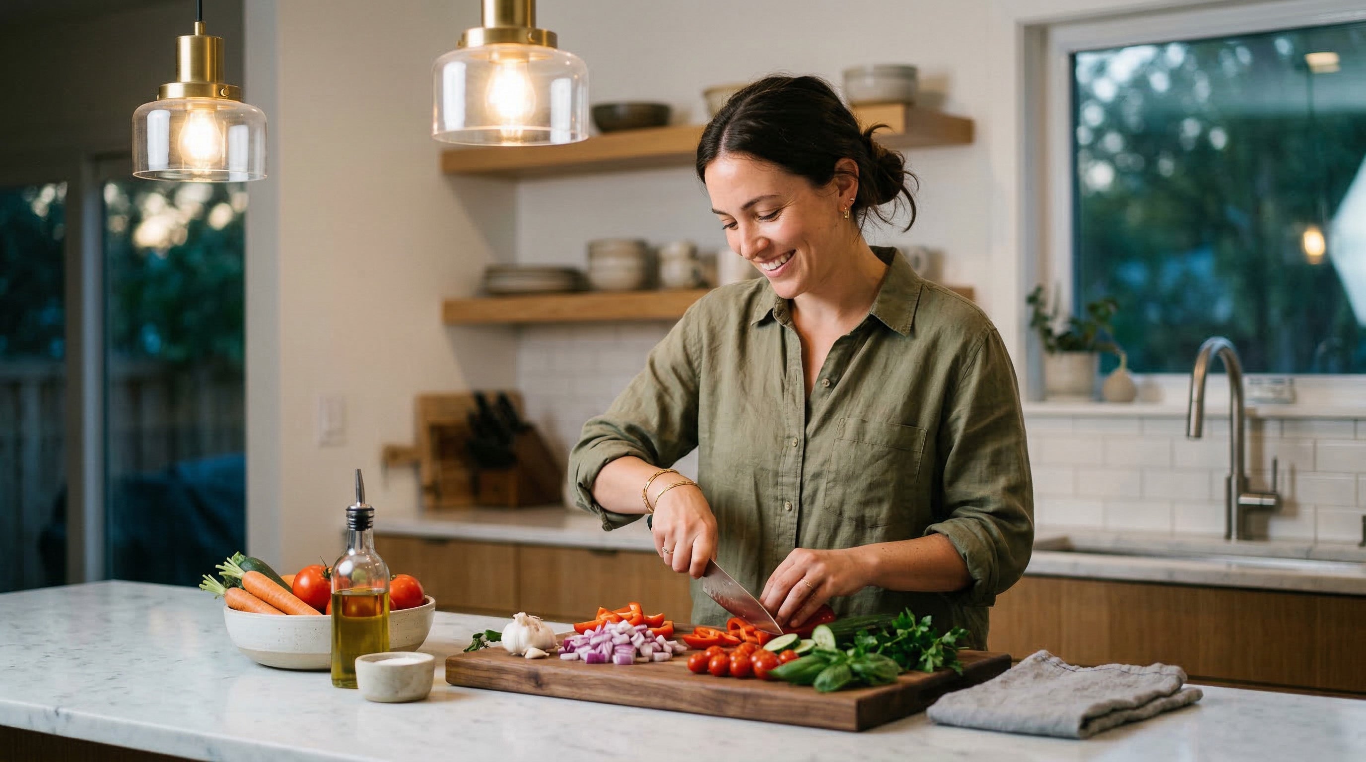 **Alt tag:** `prep school lunch night before - mom chopping vegetables in modern kitchen`