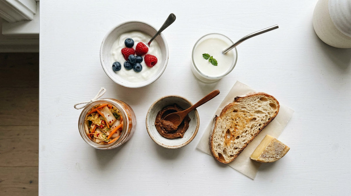 probiotic foods for kids - yogurt kefir aged cheese miso and kimchi flat lay