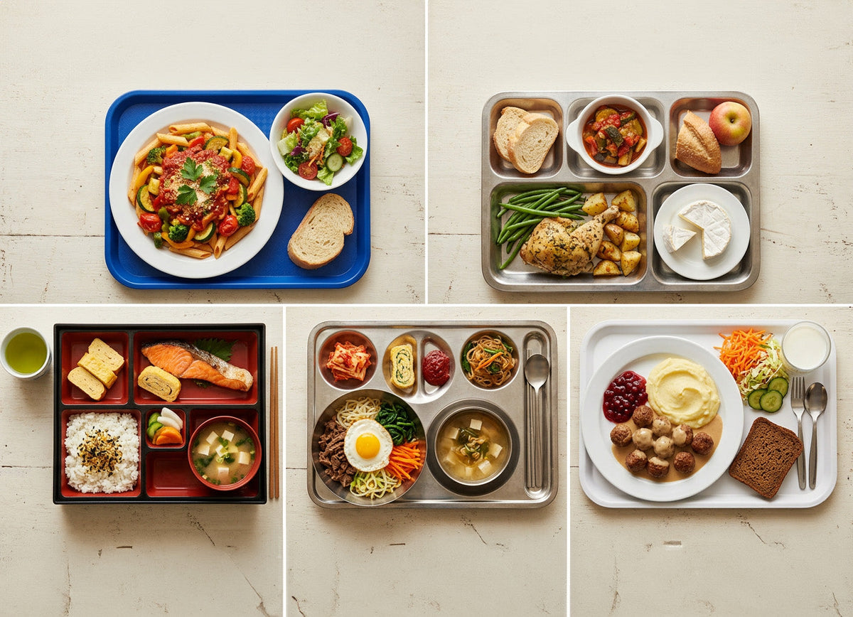 school lunches around the world - Italian pasta, French four-course tray, Japanese bento, Korean bibimbap, Finnish meatballs