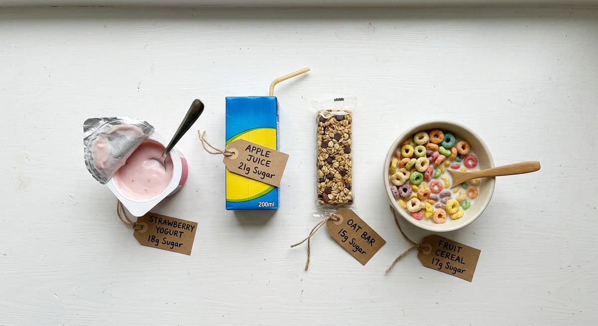 sugar and kids - flavoured yogurt juice box granola bar and cereal with high sugar content
