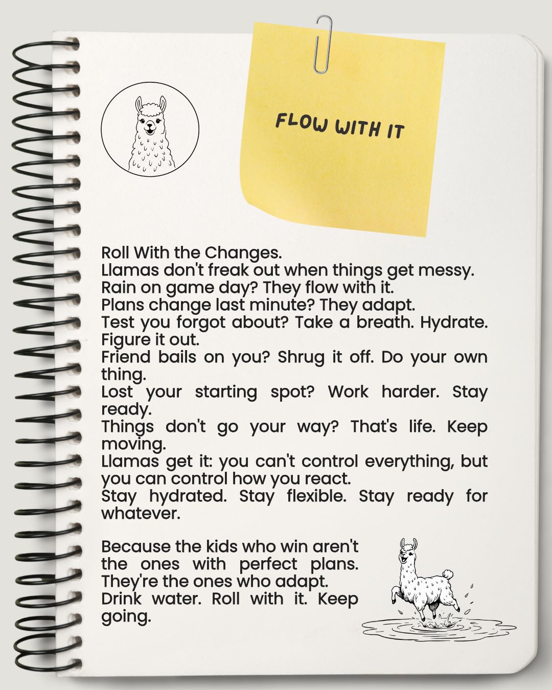 Notebook page with motivational text and llama illustrations, featuring a yellow sticky note.