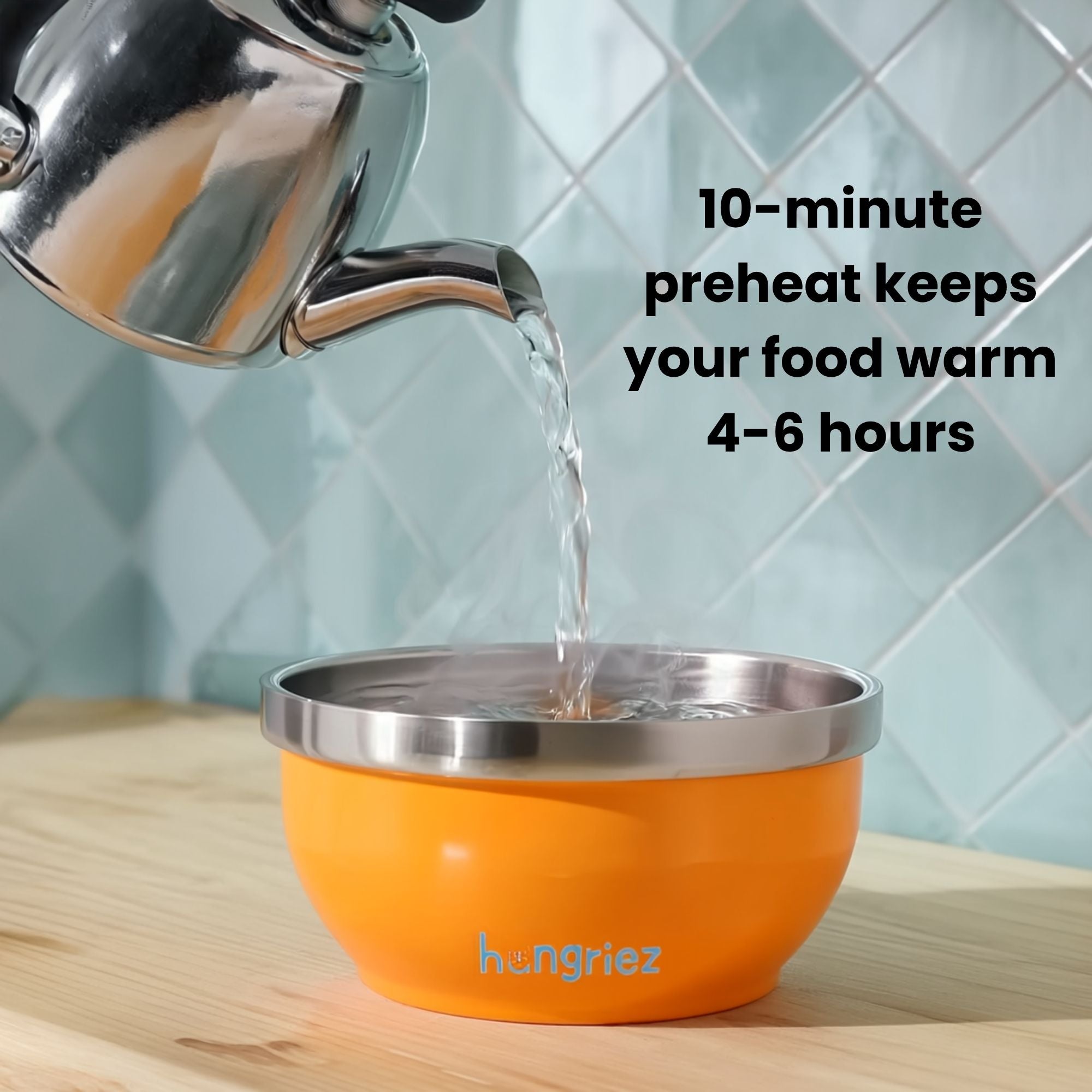 Orange thermos bowl with silver lid being filled with water, with text about preheating duration.