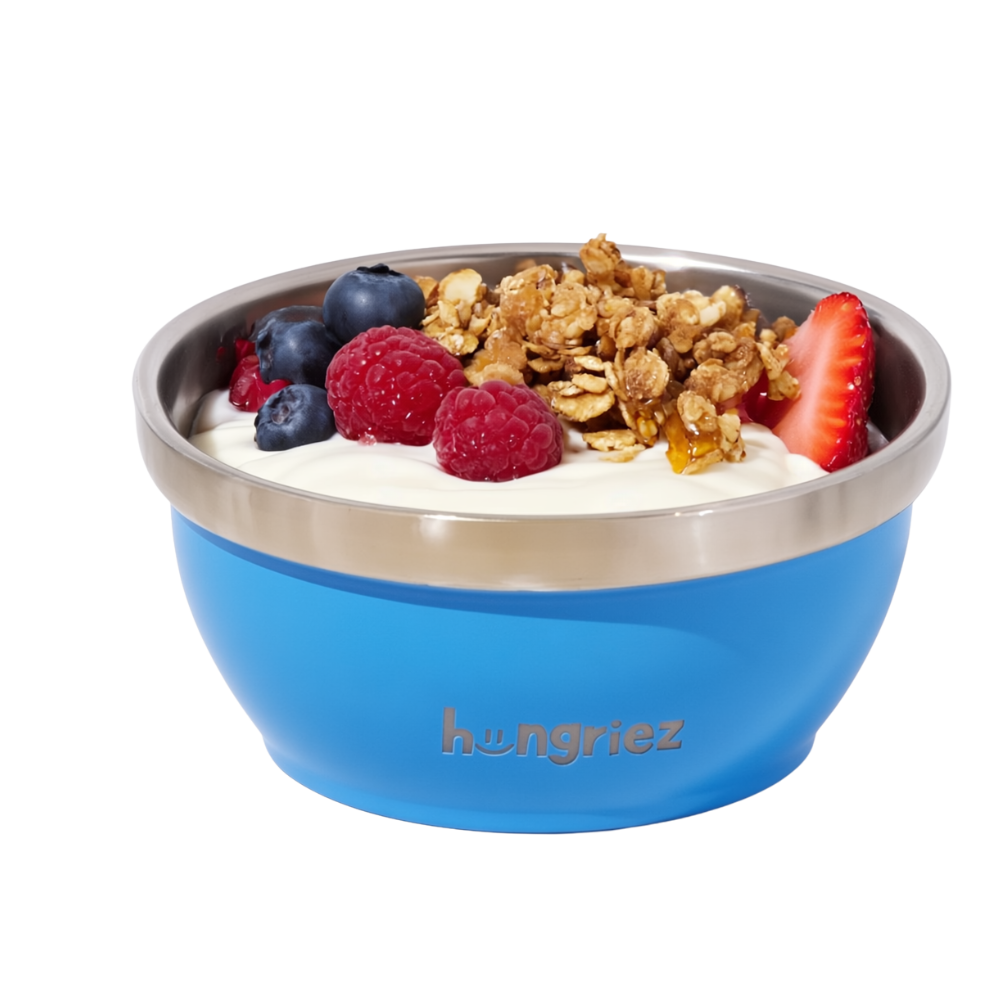 a blue hungriez thermos bowl with granola and fruit 