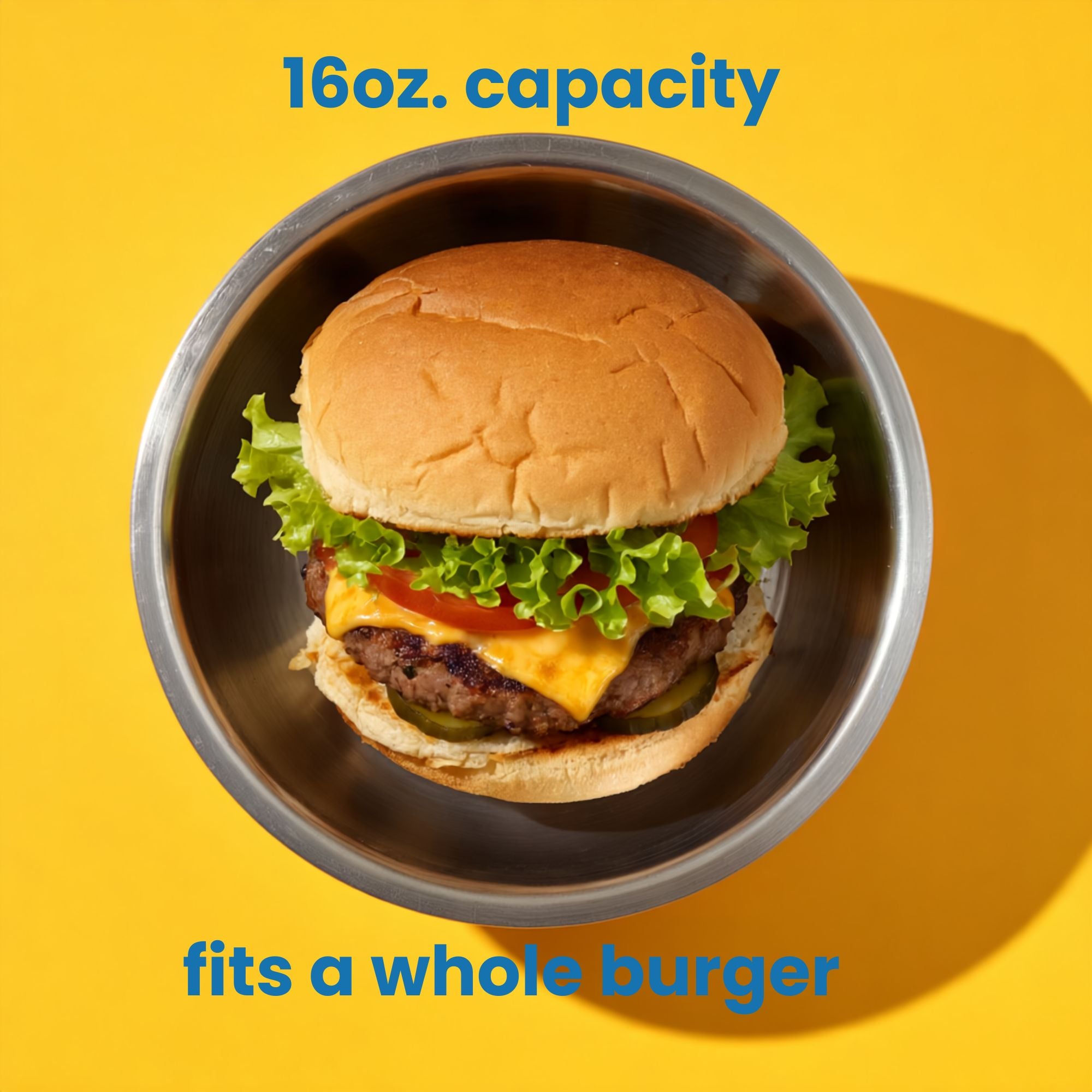 Hungriez with a whole burger on a yellow background, labeled '16oz. capacity fits a whole burger'.