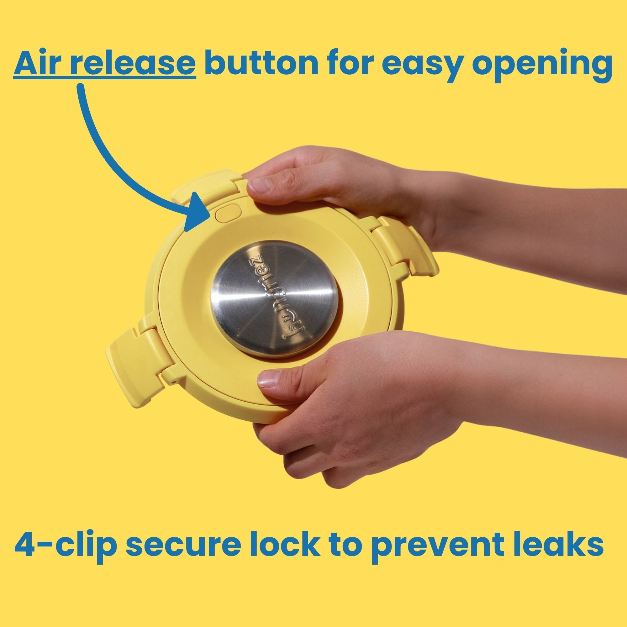Yellow container with air release button and 4-clip secure lock on a yellow background