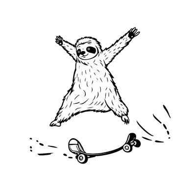 Black and white illustration of a sloth on a skateboard