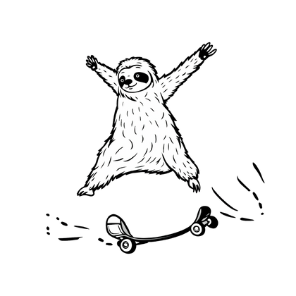 Black and white illustration of a sloth on a skateboard