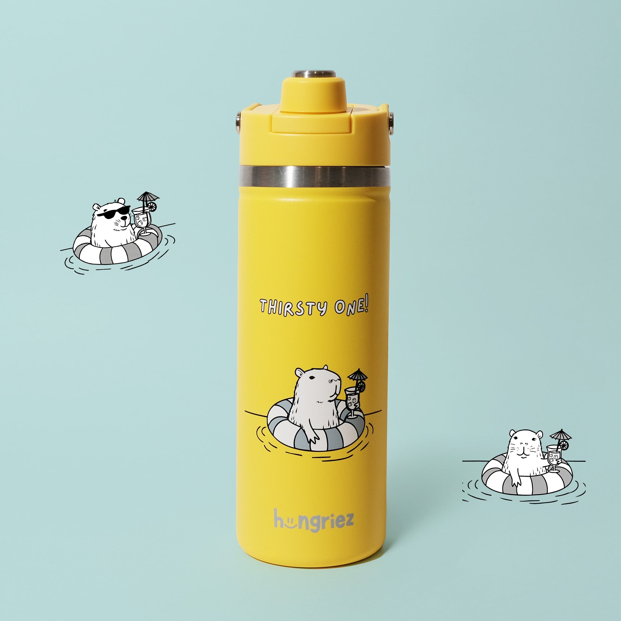 Yellow water bottle with capybara design and 'Thirsty One!' text on a light blue background.
