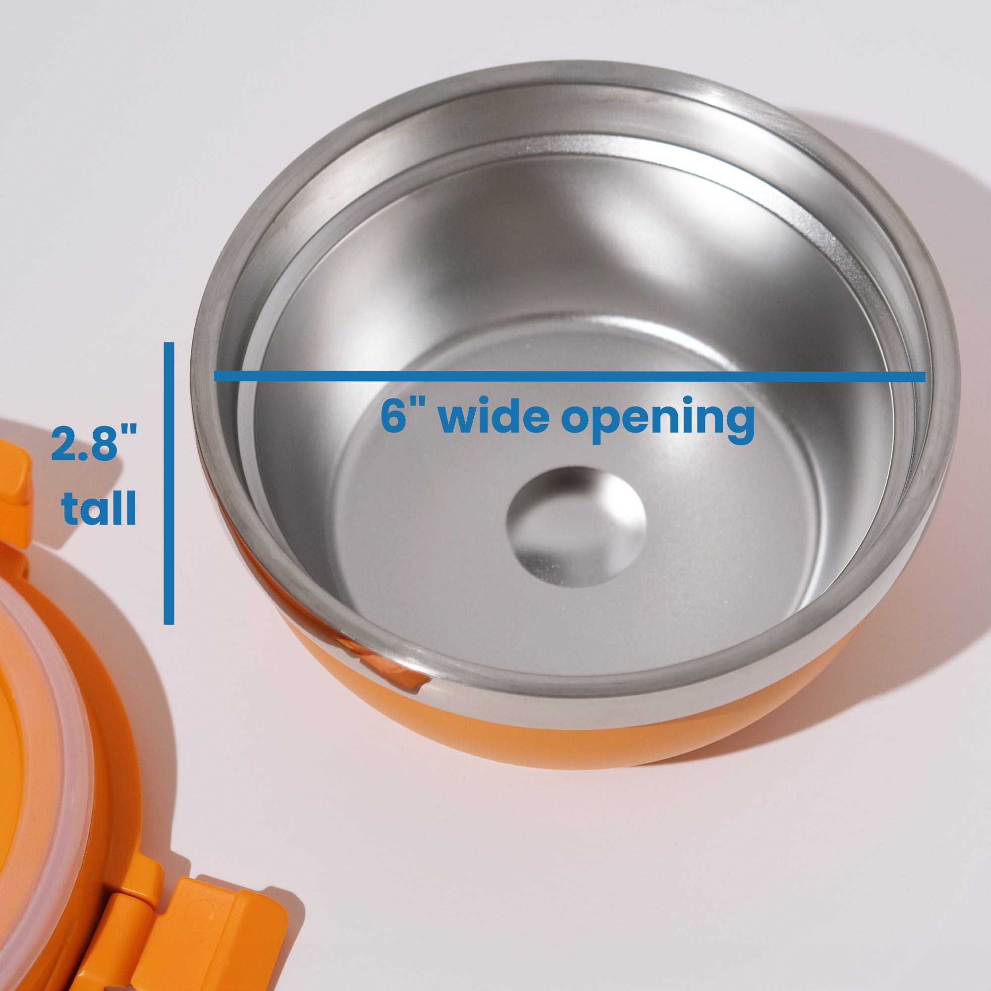 Stainless steel hungriez container with orange lid on a white background, showing 6" wide opening