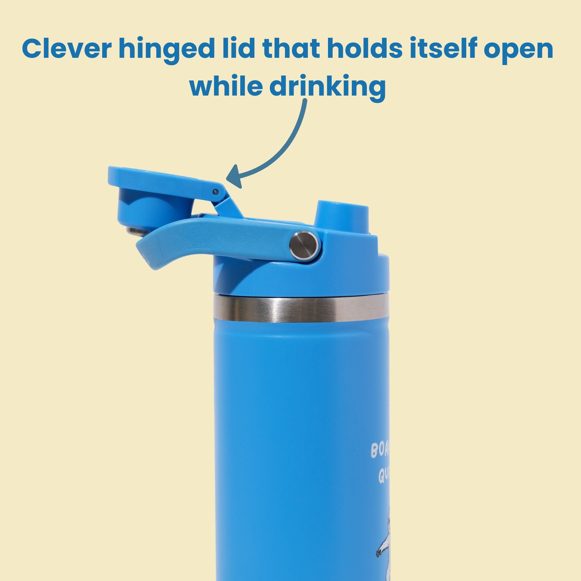 Blue water bottle with a hinged lid on a beige background