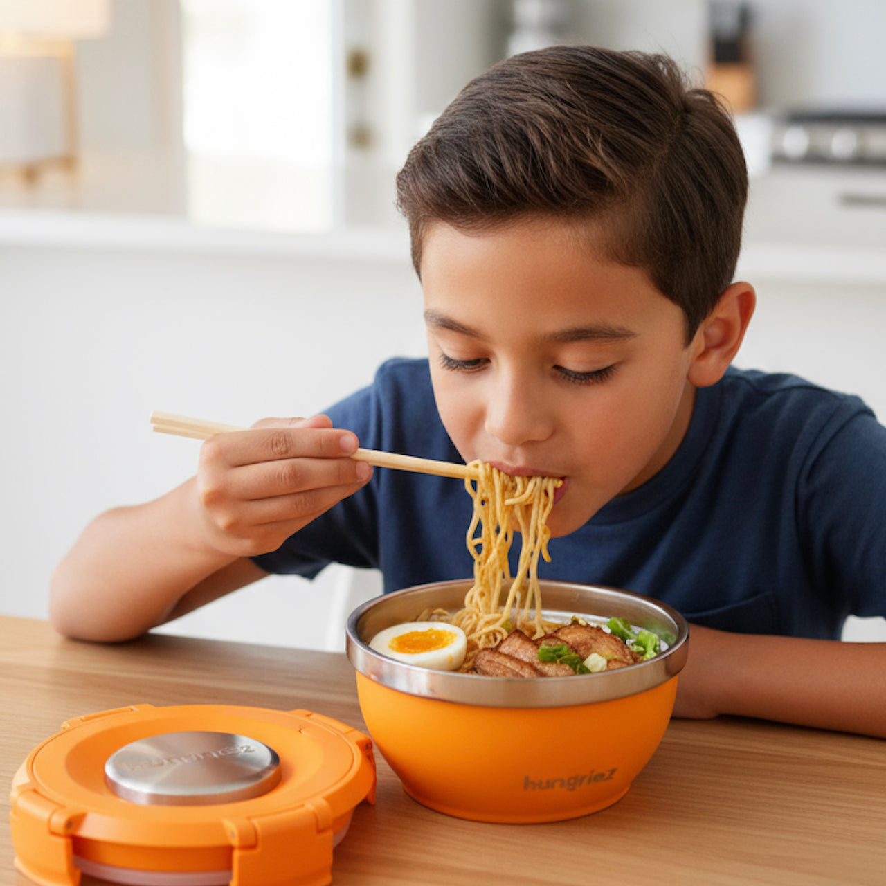 Child eating noodles from an orange bowl with a lid in a kitchen setting