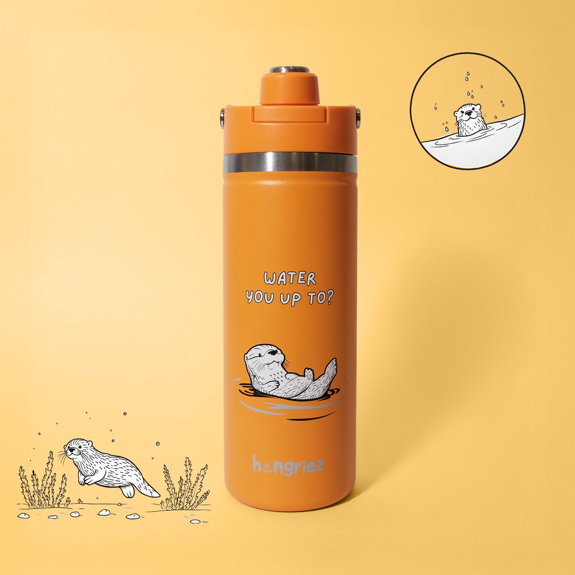Orange water bottle with otter illustrations and text on a yellow background