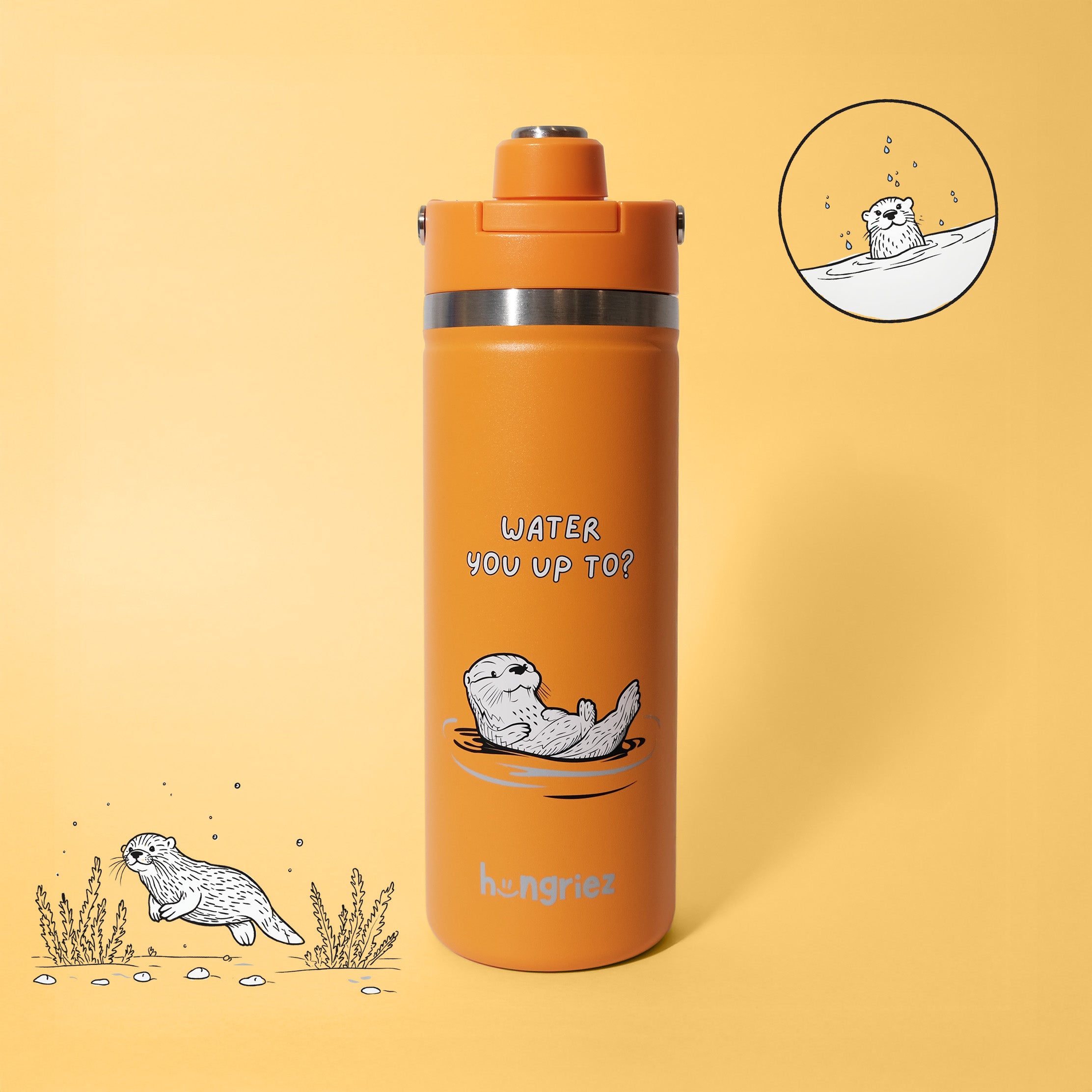 Orange water bottle with otter illustrations and text on a yellow background