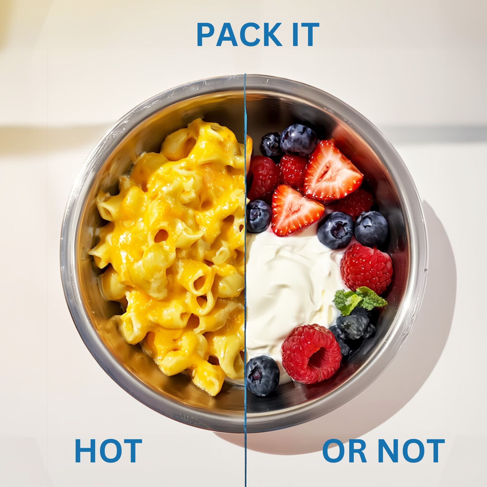 Two hungriez bowls divided by a blue line, one with macaroni and cheese labeled 'Hot', the other with fruit and yogurt labeled 'Or Not'.