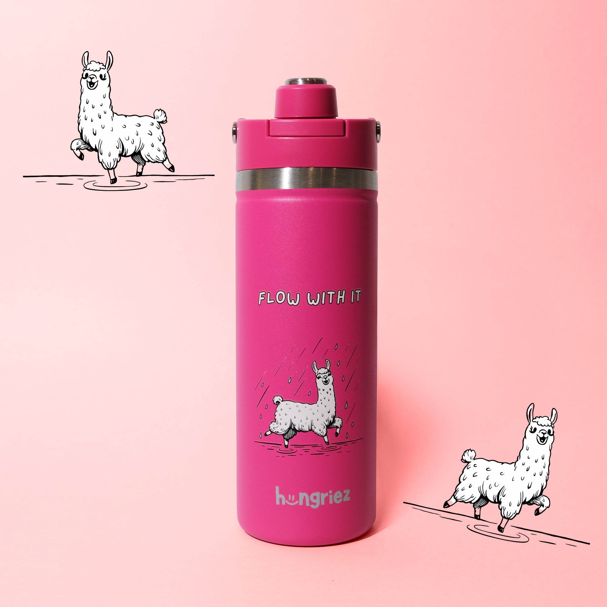 Pink water bottle with llama illustrations and 'Flow with it' text on a pink background