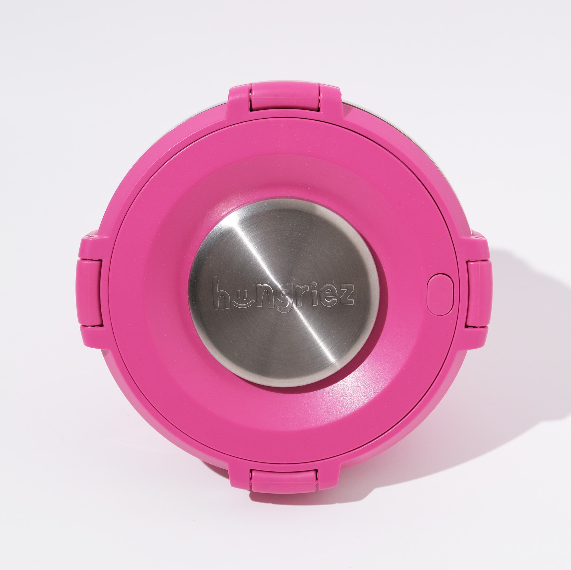 Pink lid with metallic interior on a white background with hungriez logo