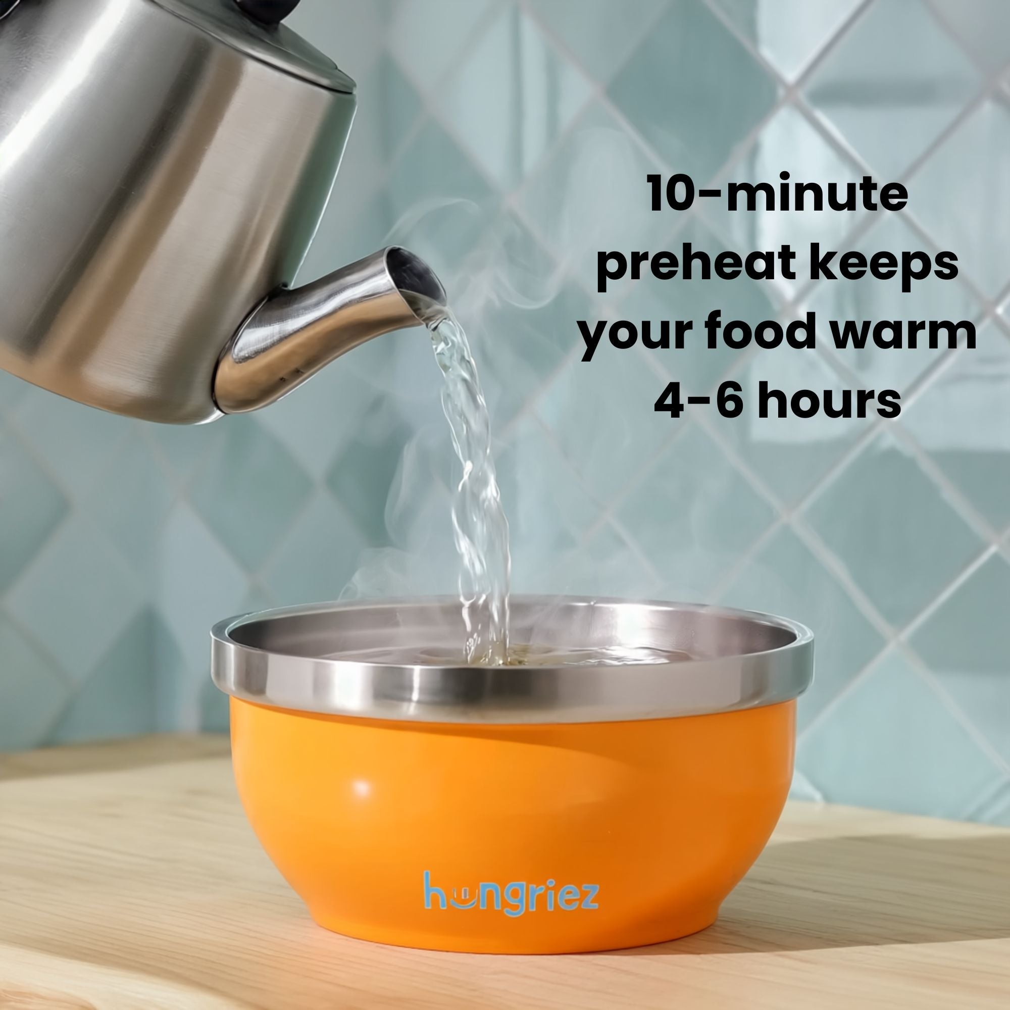 Orange thermos with steam rising from it, being filled by a kettle, with text about preheating and food warmth.