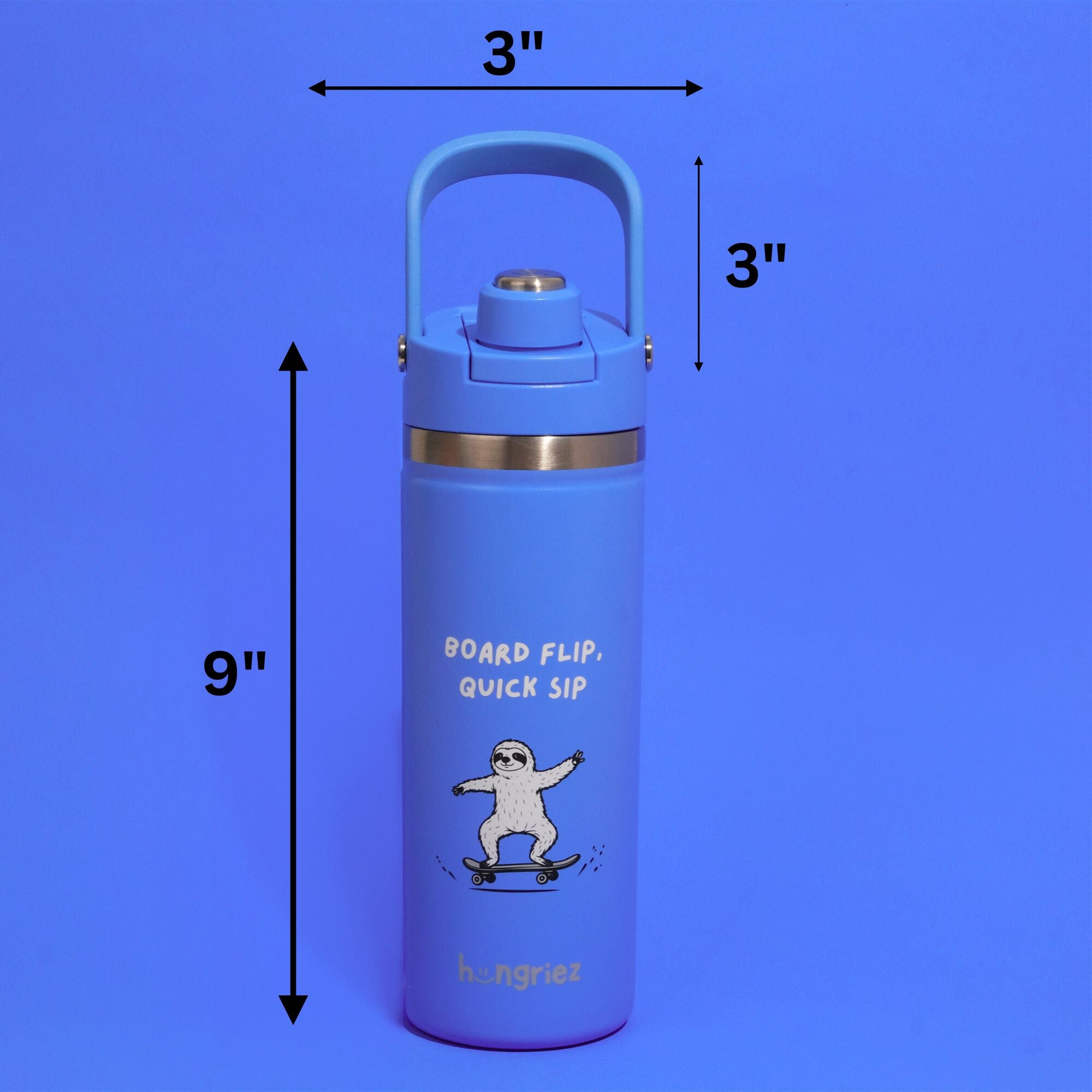 Blue water bottle with measurements on a blue background
