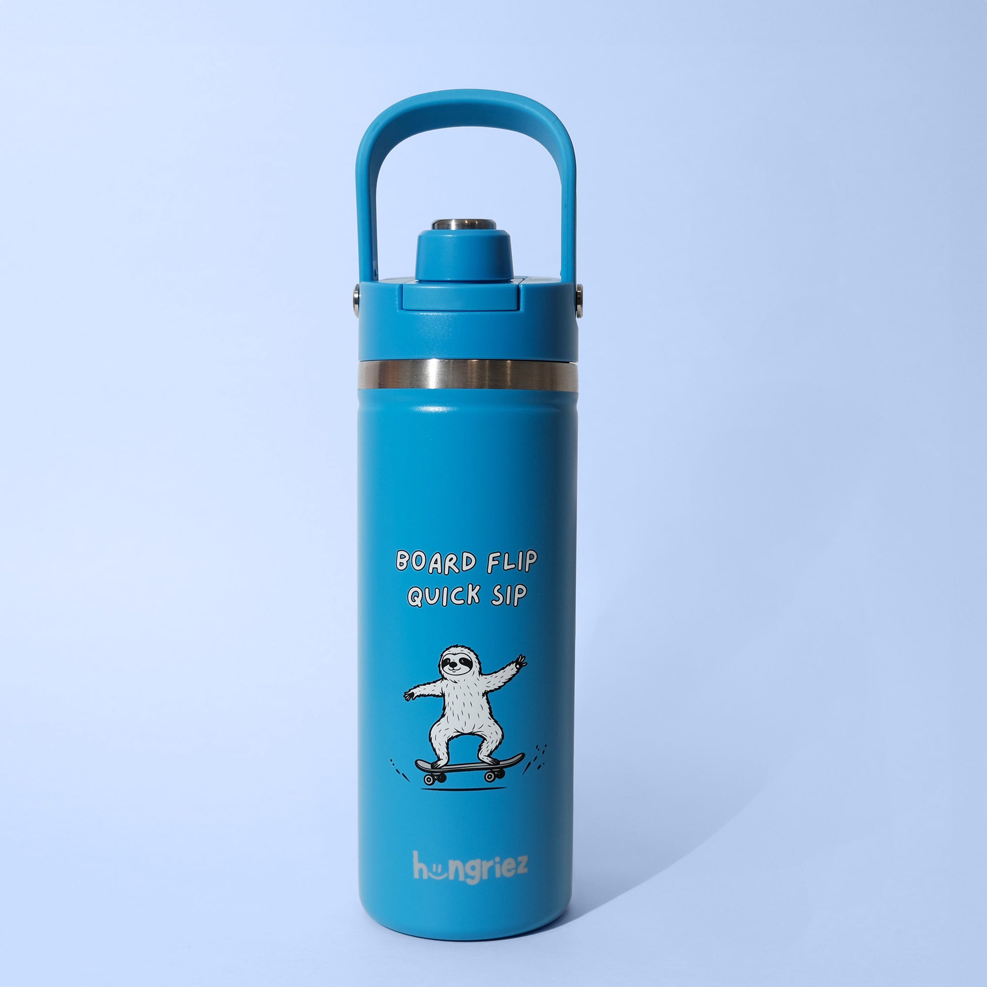 Blue water bottle with a sloth and text board flip, quick sip on a light blue background
