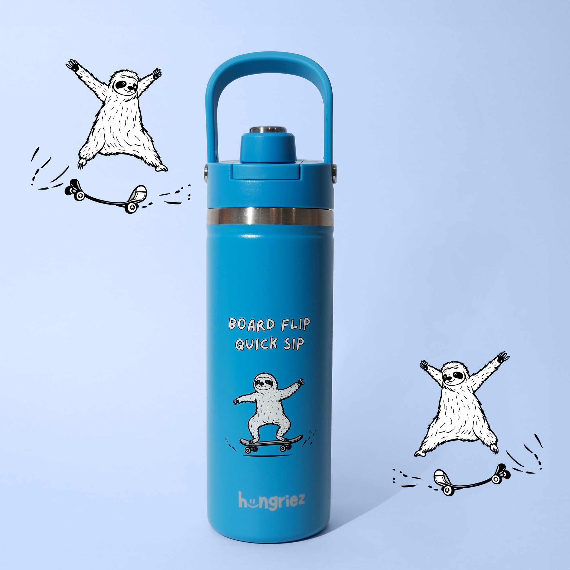 Blue water bottle with sloth illustrations and text on a light blue background