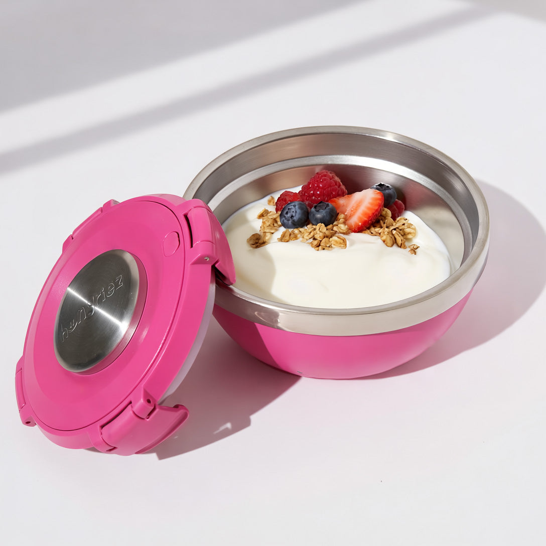 16oz wide mouth insulated food bowl in hot pink with yogurt, berries, and granola showing 6-inch opening